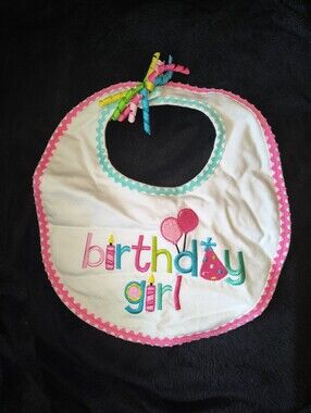 Mud Pie Birthday Girl Baby Bib White Pink Multicolor Cotton Hook & Loop